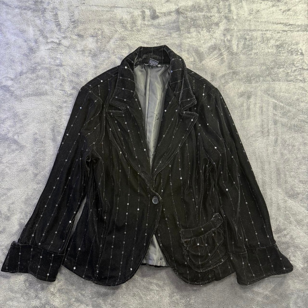 Mischievous Black Velvet Sequin Pinstripe Blazer Women's Large